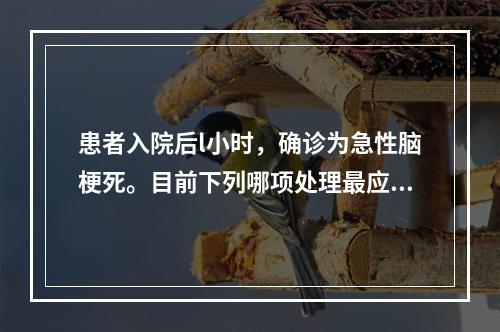 患者入院后l小时，确诊为急性脑梗死。目前下列哪项处理最应该考