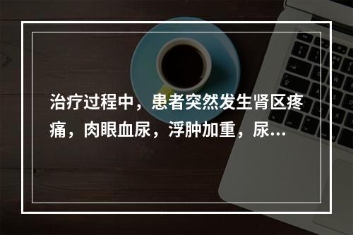 治疗过程中，患者突然发生肾区疼痛，肉眼血尿，浮肿加重，尿蛋白