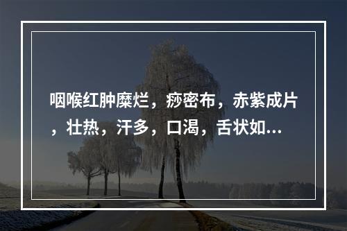 咽喉红肿糜烂，痧密布，赤紫成片，壮热，汗多，口渴，舌状如杨梅