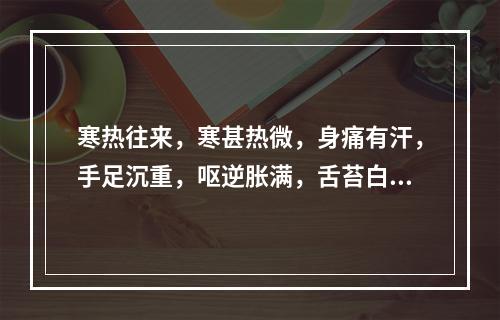 寒热往来，寒甚热微，身痛有汗，手足沉重，呕逆胀满，舌苔白厚腻