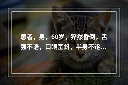 患者，男，60岁，猝然昏倒，舌强不语，口眼歪斜，半身不遂，舌