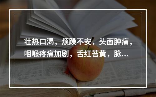 壮热口渴，烦躁不安，头面肿痛，咽喉疼痛加剧，舌红苔黄，脉数实