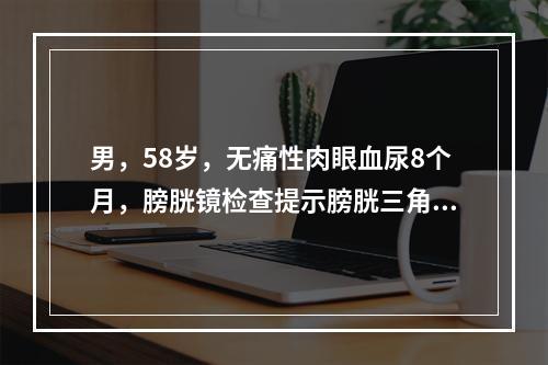 男，58岁，无痛性肉眼血尿8个月，膀胱镜检查提示膀胱三角区右