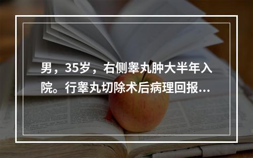 男，35岁，右侧睾丸肿大半年入院。行睾丸切除术后病理回报为精