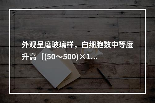 外观呈磨玻璃样，白细胞数中等度升高［(50～500)×10/