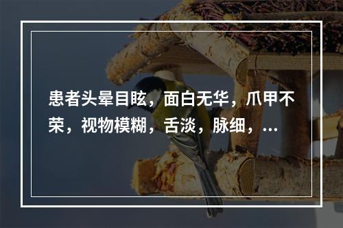 患者头晕目眩，面白无华，爪甲不荣，视物模糊，舌淡，脉细，宜诊