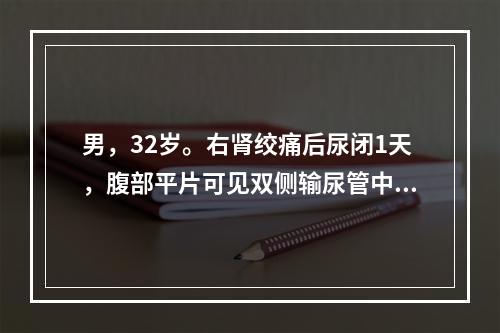 男，32岁。右肾绞痛后尿闭1天，腹部平片可见双侧输尿管中段各