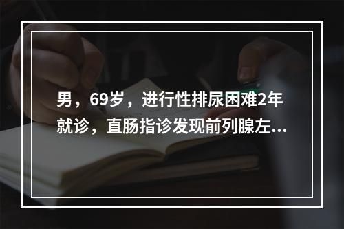 男，69岁，进行性排尿困难2年就诊，直肠指诊发现前列腺左侧有