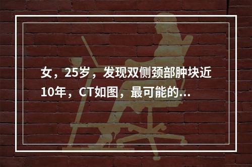 女，25岁，发现双侧颈部肿块近10年，CT如图，最可能的诊断