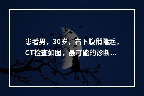 患者男，30岁，右下腹稍隆起，CT检查如图，最可能的诊断为