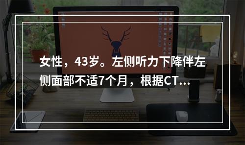 女性，43岁。左侧听力下降伴左侧面部不适7个月，根据CT图像