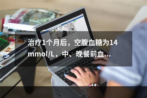 治疗1个月后，空腹血糖为14 mmol/L，中、晚餐前血糖控