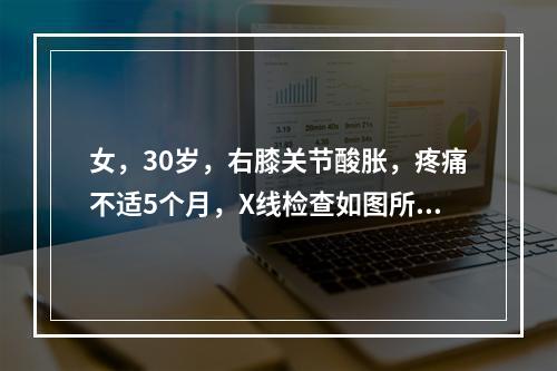 女，30岁，右膝关节酸胀，疼痛不适5个月，X线检查如图所示，