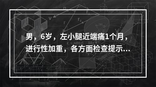 男，6岁，左小腿近端痛1个月，进行性加重，各方面检查提示左胫