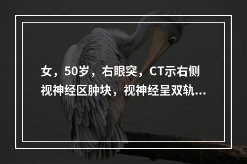 女，50岁，右眼突，CT示右侧视神经区肿块，视神经呈双轨征，