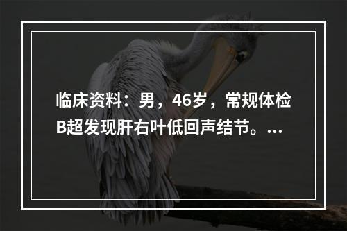 临床资料：男，46岁，常规体检B超发现肝右叶低回声结节。超声