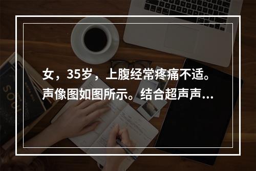 女，35岁，上腹经常疼痛不适。声像图如图所示。结合超声声像图