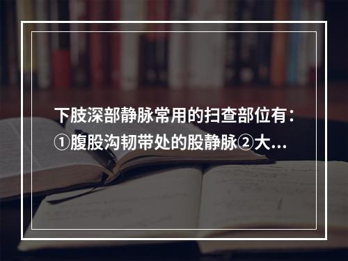 下肢深部静脉常用的扫查部位有：①腹股沟韧带处的股静脉②大腿中