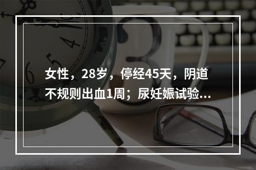 女性，28岁，停经45天，阴道不规则出血1周；尿妊娠试验阳性