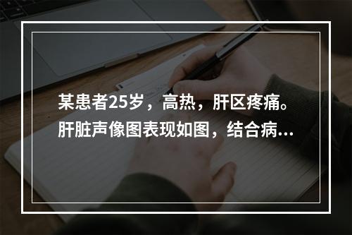 某患者25岁，高热，肝区疼痛。肝脏声像图表现如图，结合病史，