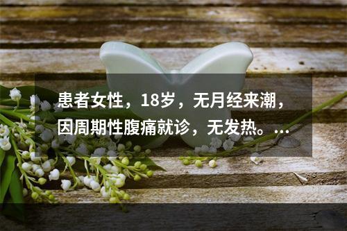 患者女性，18岁，无月经来潮，因周期性腹痛就诊，无发热。超声