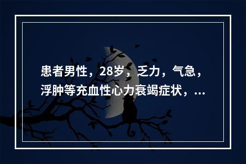 患者男性，28岁，乏力，气急，浮肿等充血性心力衰竭症状，超声