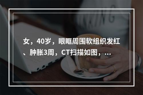 女，40岁，眼眶周围软组织发红、肿胀3周，CT扫描如图，最可