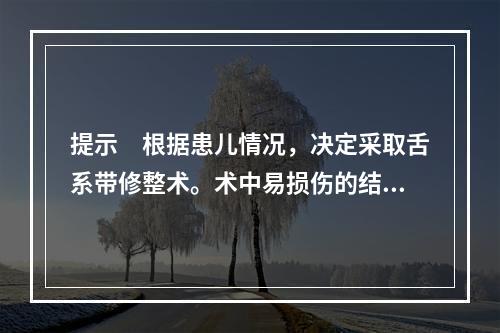 提示　根据患儿情况，决定采取舌系带修整术。术中易损伤的结构有