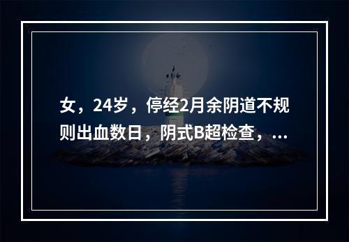 女，24岁，停经2月余阴道不规则出血数日，阴式B超检查，如图