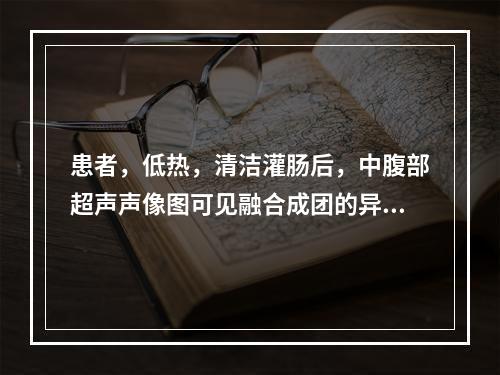 患者，低热，清洁灌肠后，中腹部超声声像图可见融合成团的异常光