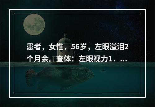 患者，女性，56岁，左眼溢泪2个月余。查体：左眼视力1．0，