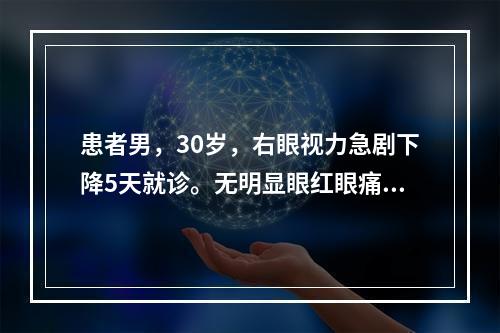 患者男，30岁，右眼视力急剧下降5天就诊。无明显眼红眼痛、畏