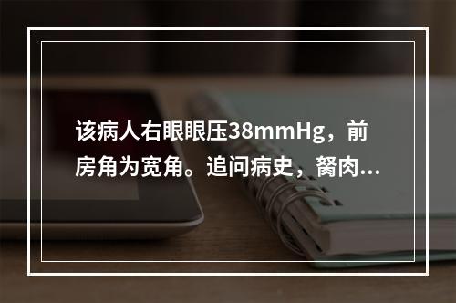 该病人右眼眼压38mmHg，前房角为宽角。追问病史，胬肉术后