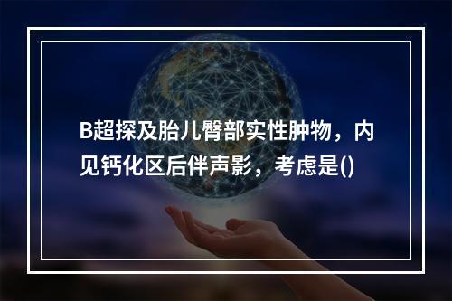 B超探及胎儿臀部实性肿物，内见钙化区后伴声影，考虑是()