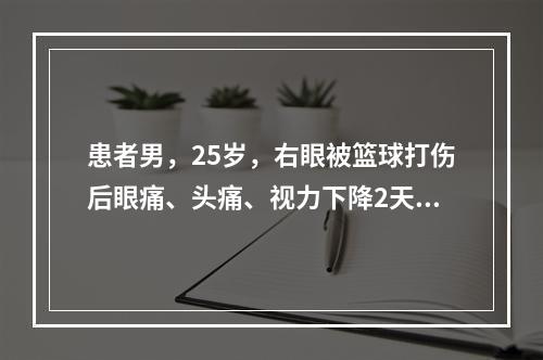 患者男，25岁，右眼被篮球打伤后眼痛、头痛、视力下降2天就诊