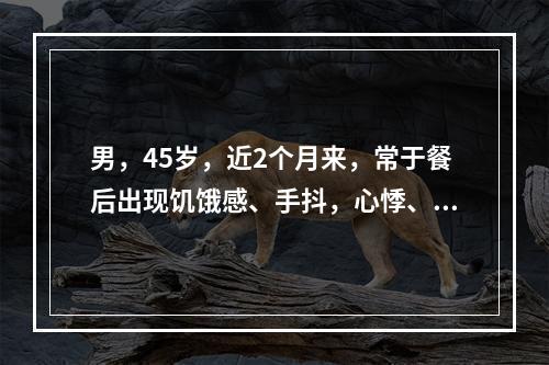 男，45岁，近2个月来，常于餐后出现饥饿感、手抖，心悸、出汗