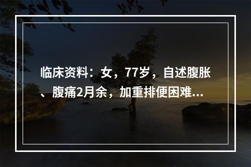 临床资料：女，77岁，自述腹胀、腹痛2月余，加重排便困难、大