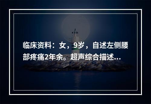 临床资料：女，9岁，自述左侧腰部疼痛2年余。超声综合描述：右