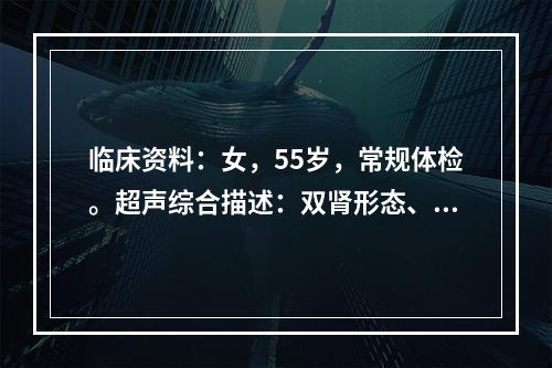 临床资料：女，55岁，常规体检。超声综合描述：双肾形态、大小