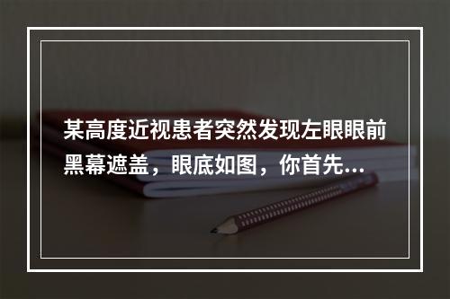 某高度近视患者突然发现左眼眼前黑幕遮盖，眼底如图，你首先考虑