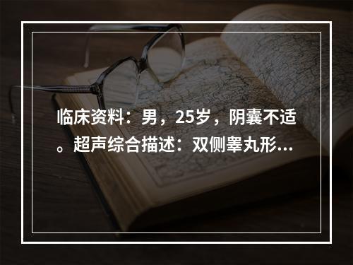 临床资料：男，25岁，阴囊不适。超声综合描述：双侧睾丸形态大