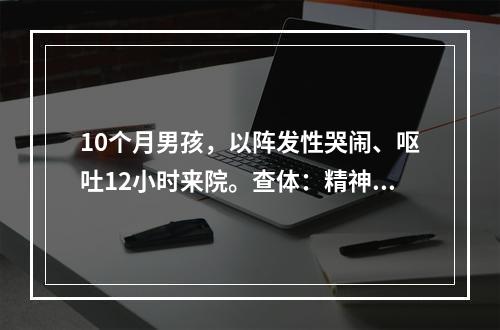 10个月男孩，以阵发性哭闹、呕吐12小时来院。查体：精神委靡