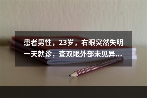 患者男性，23岁，右眼突然失明一天就诊，查双眼外部未见异常，