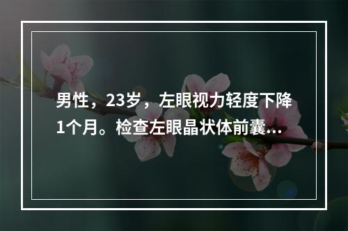 男性，23岁，左眼视力轻度下降1个月。检查左眼晶状体前囊环状