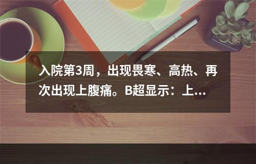 入院第3周，出现畏寒、高热、再次出现上腹痛。B超显示：上腹部