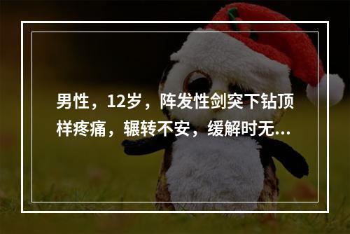 男性，12岁，阵发性剑突下钻顶样疼痛，辗转不安，缓解时无不适