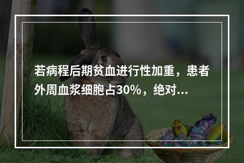 若病程后期贫血进行性加重，患者外周血浆细胞占30％，绝对值为