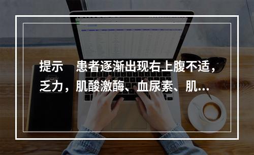 提示　患者逐渐出现右上腹不适，乏力，肌酸激酶、血尿素、肌酐进