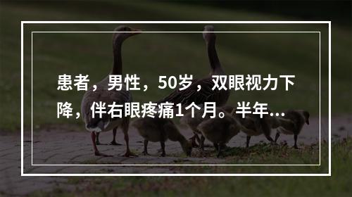 患者，男性，50岁，双眼视力下降，伴右眼疼痛1个月。半年前右