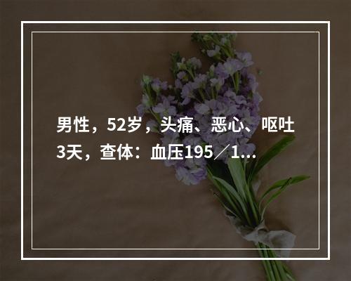 男性，52岁，头痛、恶心、呕吐3天，查体：血压195／110